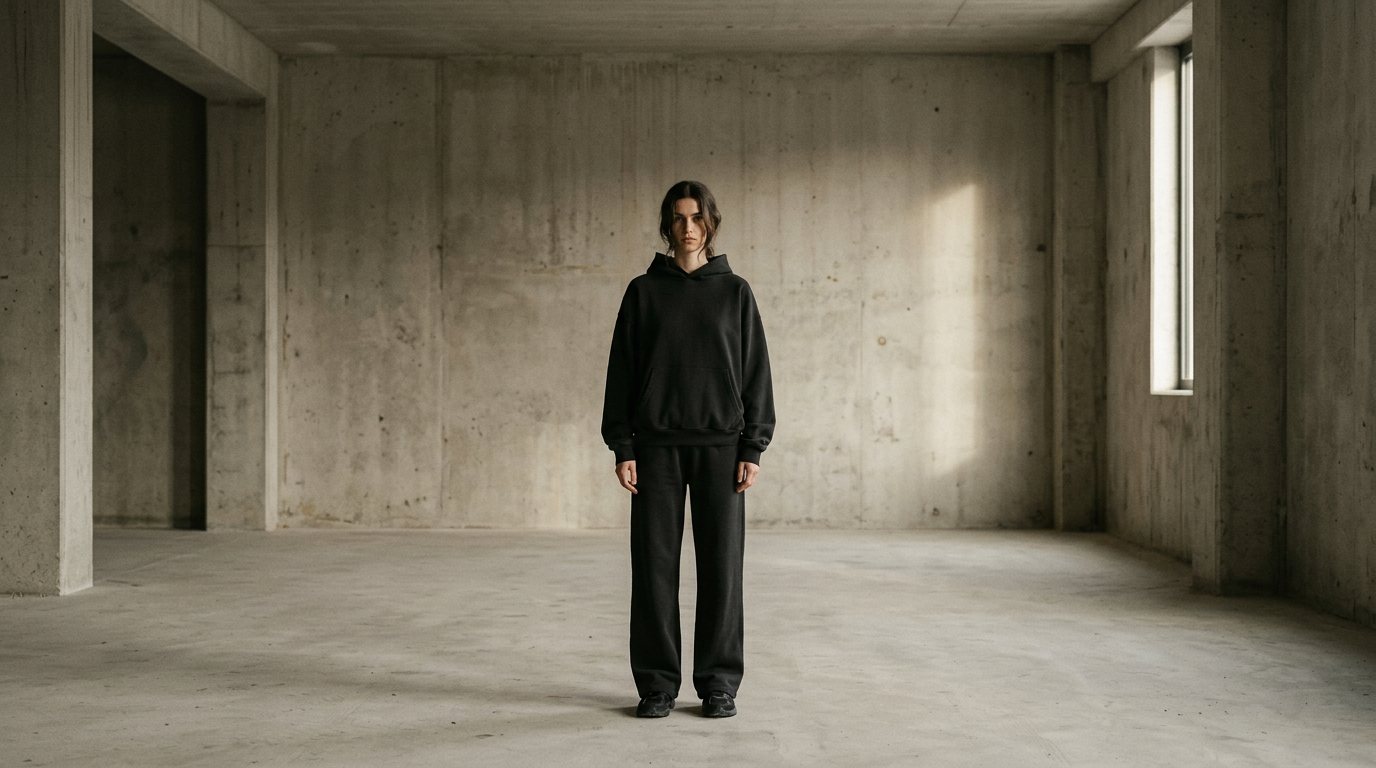 OTRACE AW2026 campaign — oversized hoodie and wide-leg sweatpant in Onyx Black